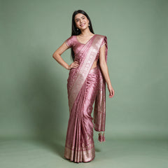 Satin Gifting Saree with Zari Floral Vine Border in rose pink, worn by a model