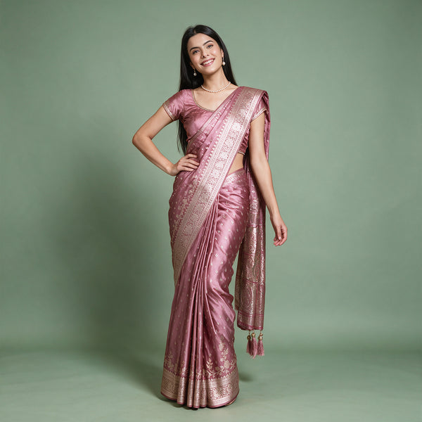 Satin Gifting Saree with Zari Floral Vine Border in rose pink, worn by a model