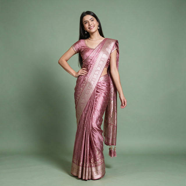 Satin Gifting Saree with Zari Floral Vine Border in rose pink, worn by a model
