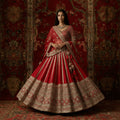 Red bridal lehenga skirt with geometric mirror border, embroidered yoke and matching dupatta
