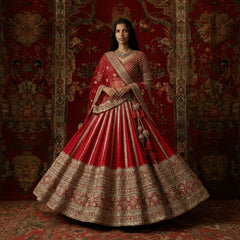 Red bridal lehenga skirt with geometric mirror border, embroidered yoke and matching dupatta