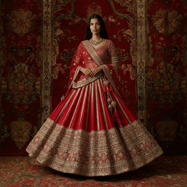 Red bridal lehenga skirt with geometric mirror border, embroidered yoke and matching dupatta