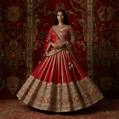 Red bridal lehenga with pleated flare, wide silver-gold border, and embroidered bodice.