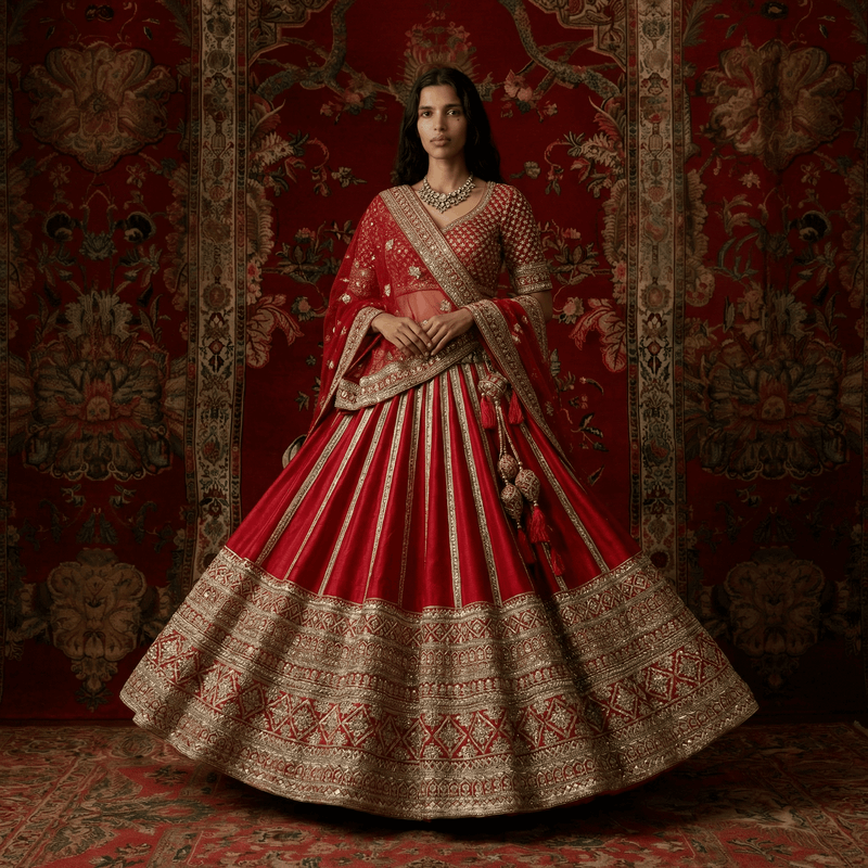 Red bridal lehenga with pleated flare, wide silver-gold border, and embroidered bodice.