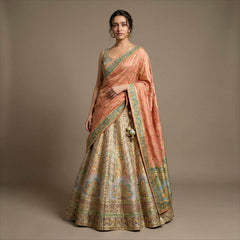 Varnali viscose lehenga set with pink blouse, teal border and patterned skirt