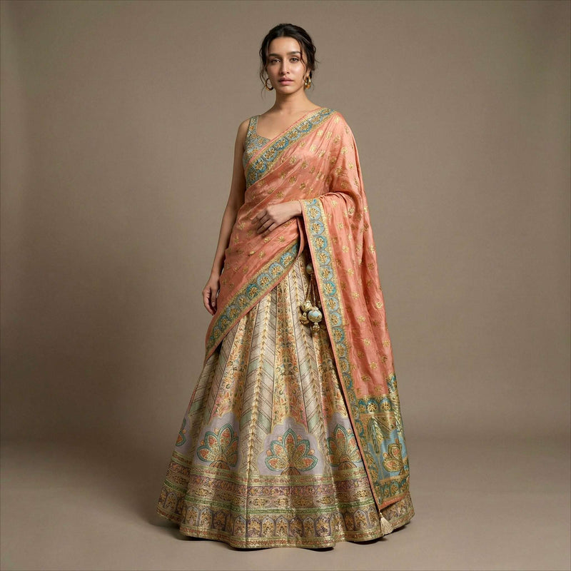 Varnali viscose lehenga set with pink blouse, teal border and patterned skirt