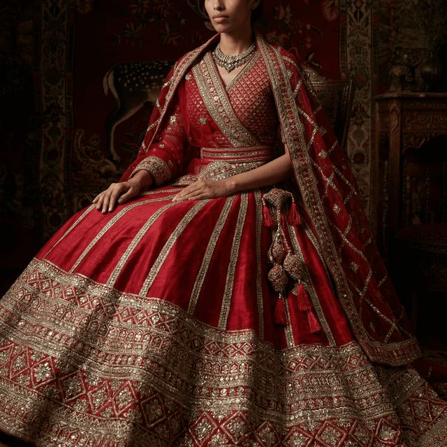 Red lehenga skirt with wide silver embroidered border, patterned bodice, and matching dupatta