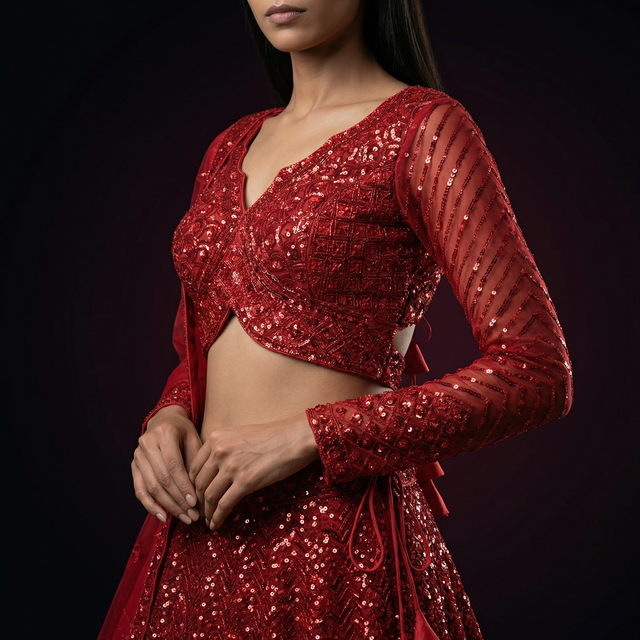 Red sequined blouse with long sheer sleeves and matching tied waist lehenga