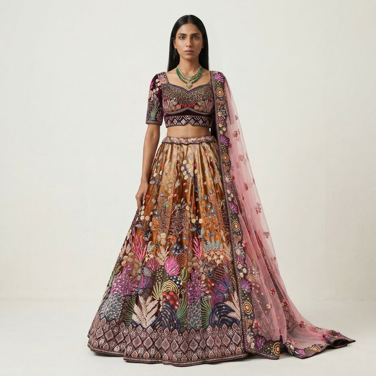 Damsel - Multicolor Designer Velvet Lehenga with Stitched Blouse