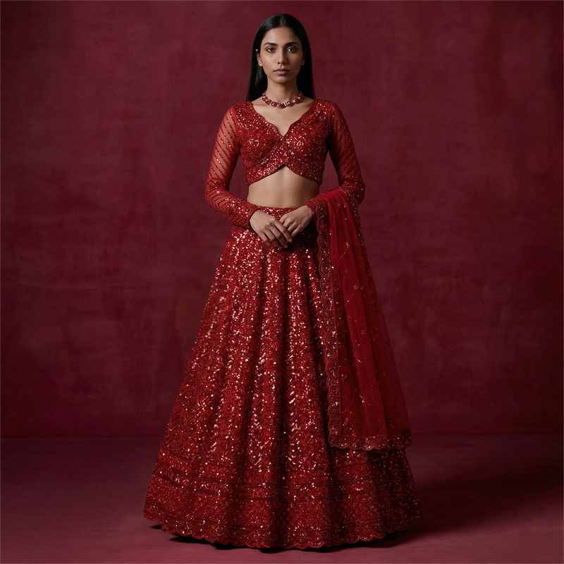 Red sequin lehenga with matching cropped blouse, sheer embroidered sleeves, and dupatta