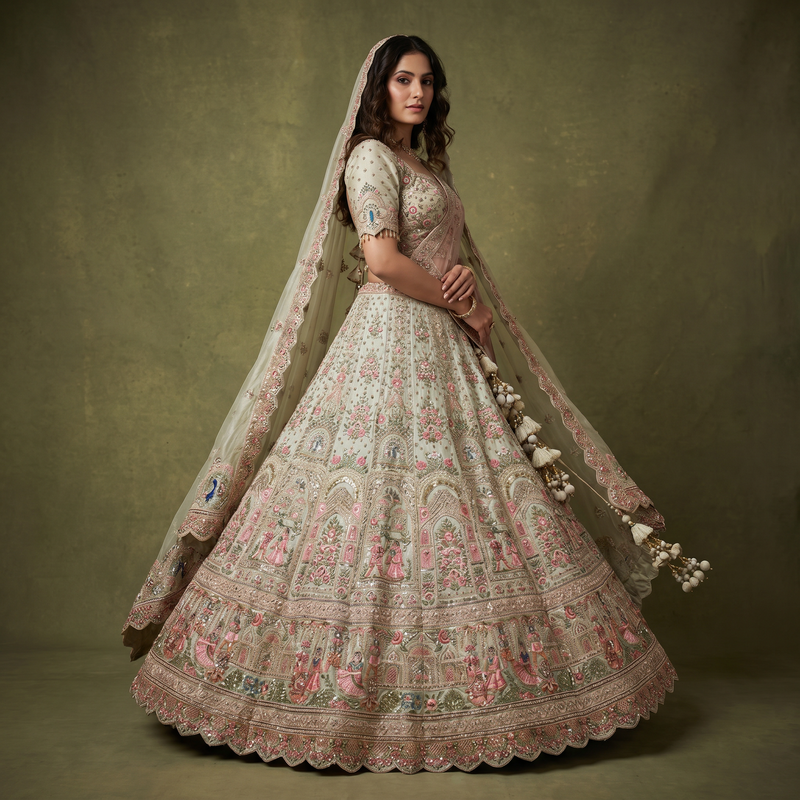 Rosé - Tissue Silk Double Dupatta Pastel Designer Bridal Lehenga
