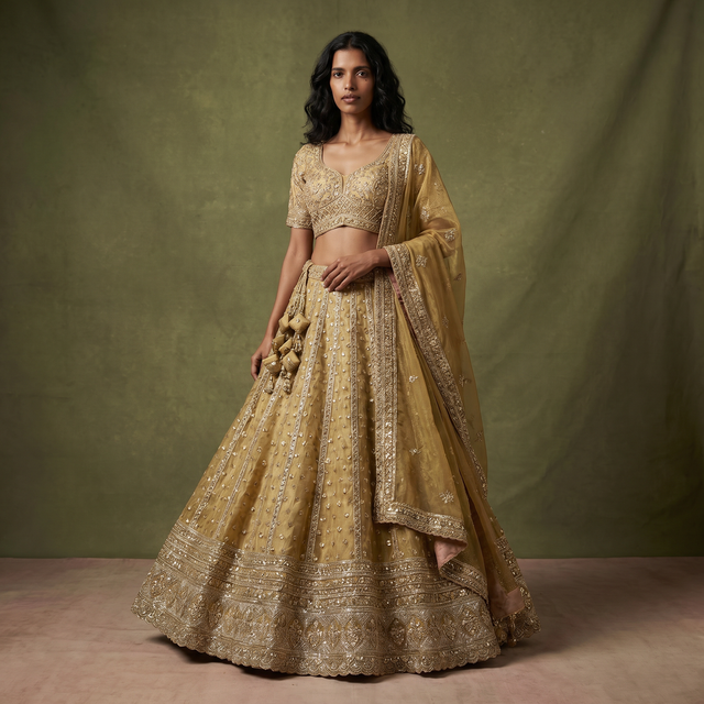 Somber yellow designer lehenga on model with ornate border, matching dupatta, and fitted blouse