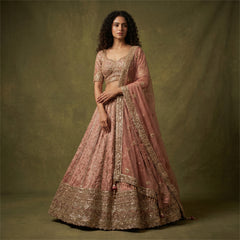 Mauve designer lehenga with sequined bodice and embroidered full skirt, matching dupatta