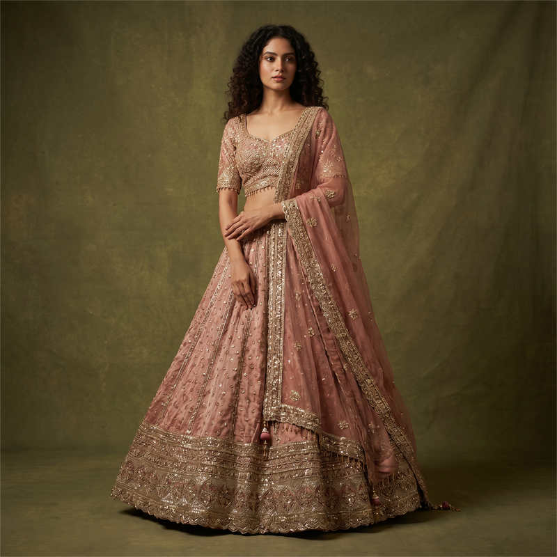 Mauve tissue silk lehenga with gold sequin embroidery and matching sheer dupatta