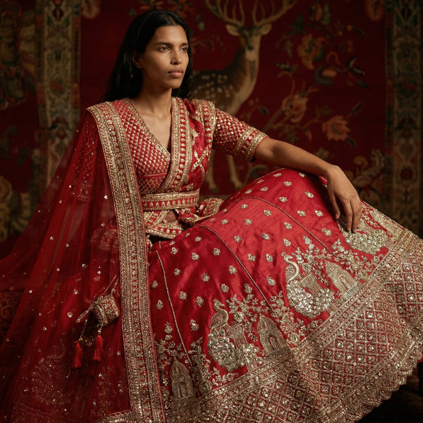 Royal red bridal lehenga with gold embroidery and peacock-style border