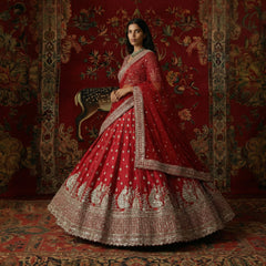 Red bridal lehenga with silver-toned peacock motif border and ornate hem