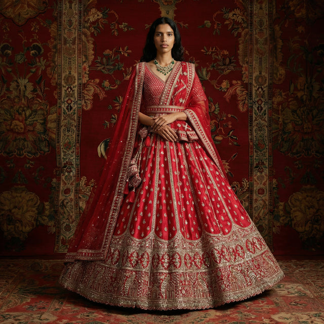 Royal red bridal lehenga with silver-toned embroidered border and full skirt