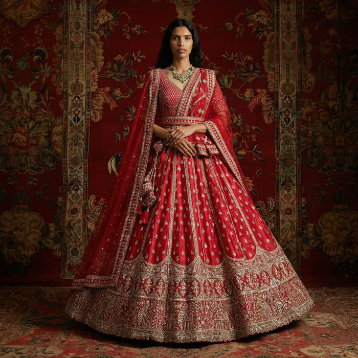 Pure Kalidar - 36-Kali Royal Red Bridal Lehenga with Elephant Motif Border