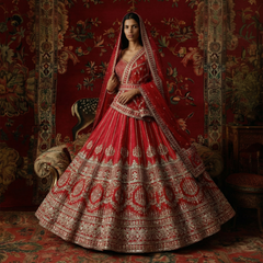 Red bridal lehenga with silver embroidered border and full tiered skirt