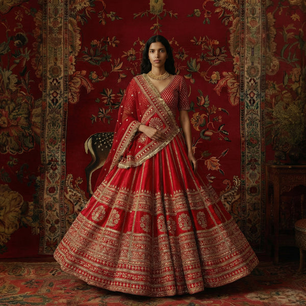 Red bridal lehenga with gold floral mirror work, short-sleeve blouse and draped dupatta