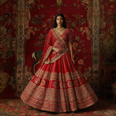 Red bridal lehenga with gold embroidered border, flared skirt and draped dupatta