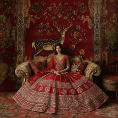 Red bridal lehenga with gold embroidered banded skirt and draped dupatta, seated pose
