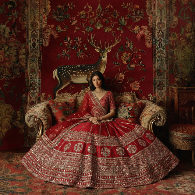 Red bridal lehenga seated pose with wide embellished skirt and draped dupatta