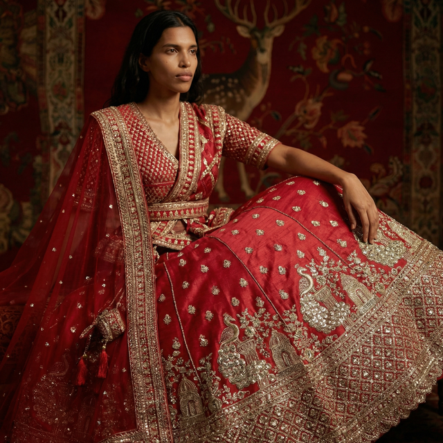 Red lehenga with deep V neckline, gold-silver embroidery, and ornate patterned skirt