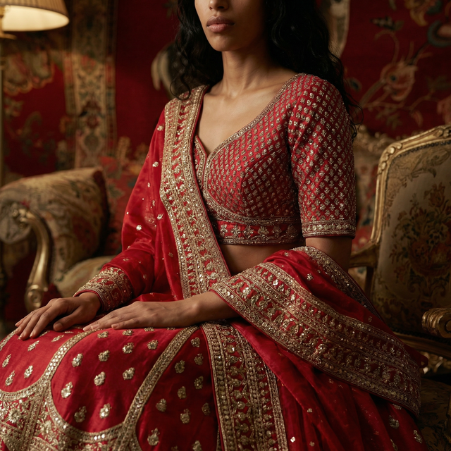 Royal red bridal lehenga blouse and skirt with silver embroidery and patterned hem