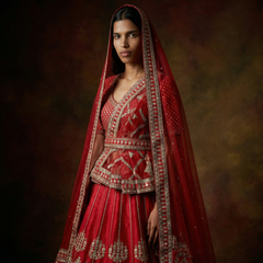 Red bridal lehenga with embroidered neckline, waist belt, and draped dupatta