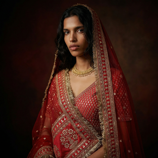 Red bridal lehenga with mirror-embroidered neckline and sheer veil detail
