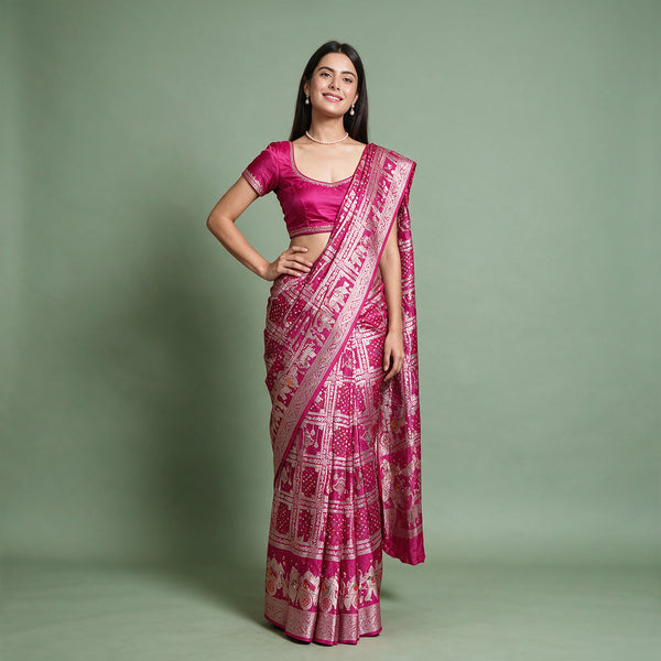 Rani pink gharchola satin saree with zari checks and procession border, worn by a model