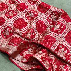 Red gharchola satin saree, close-up of the zari check weave