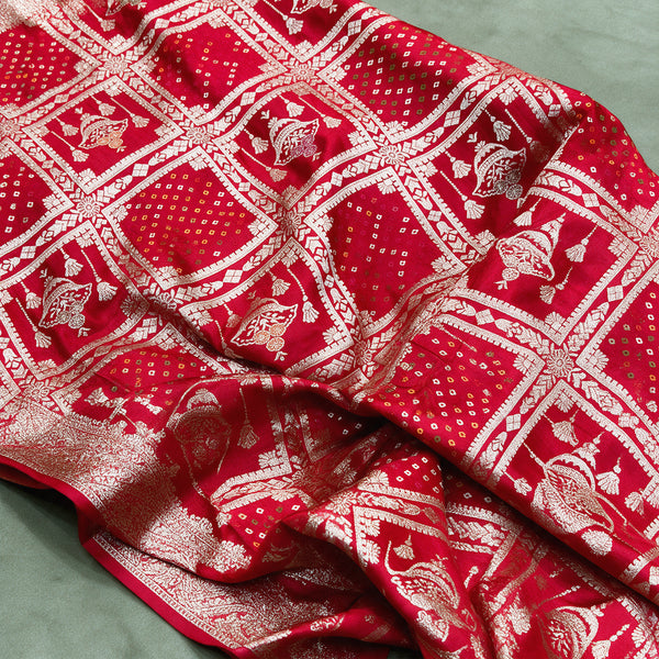 Red gharchola satin saree, close-up of the zari check weave
