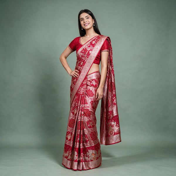 Red gharchola satin saree with zari checks and procession border, worn by a model