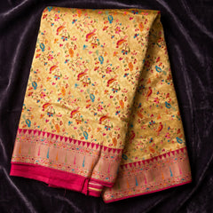 Gold position print saree in pure viscose, opened out to show the border and pallu