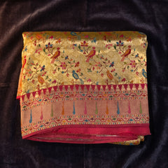 Gold position print saree in pure viscose, folded view