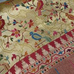 Gold position print saree in pure viscose, close-up of the print