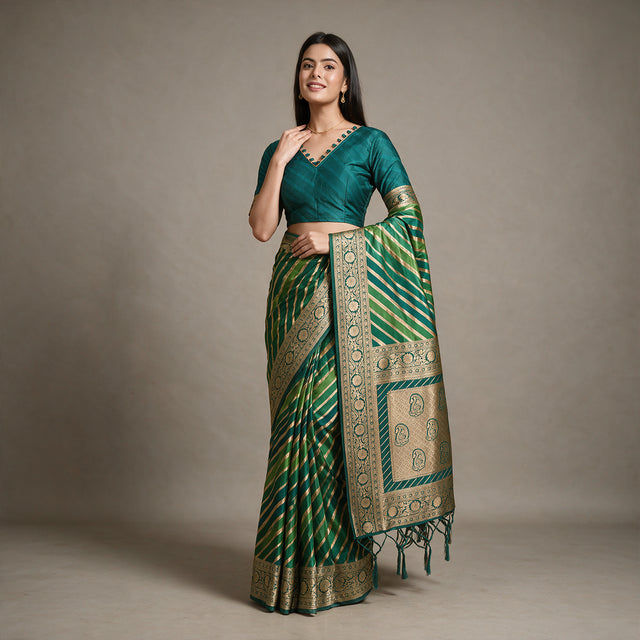 Green leheriya silk saree with paisley zari pallu and woven gold border