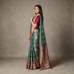 Green and maroon patola-pattern Banarasi silk saree with zari border, draped.