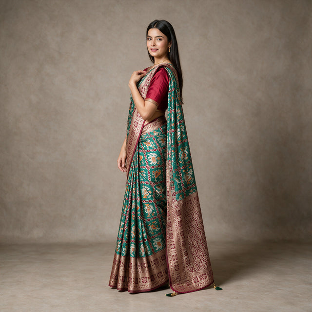 Green and maroon patola-pattern Banarasi silk saree with zari border, draped.