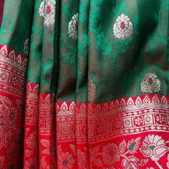 Green Banarasi Art Silk Saree with Floral Jaal, Zari Butis & Red Border, close-up of the weave
