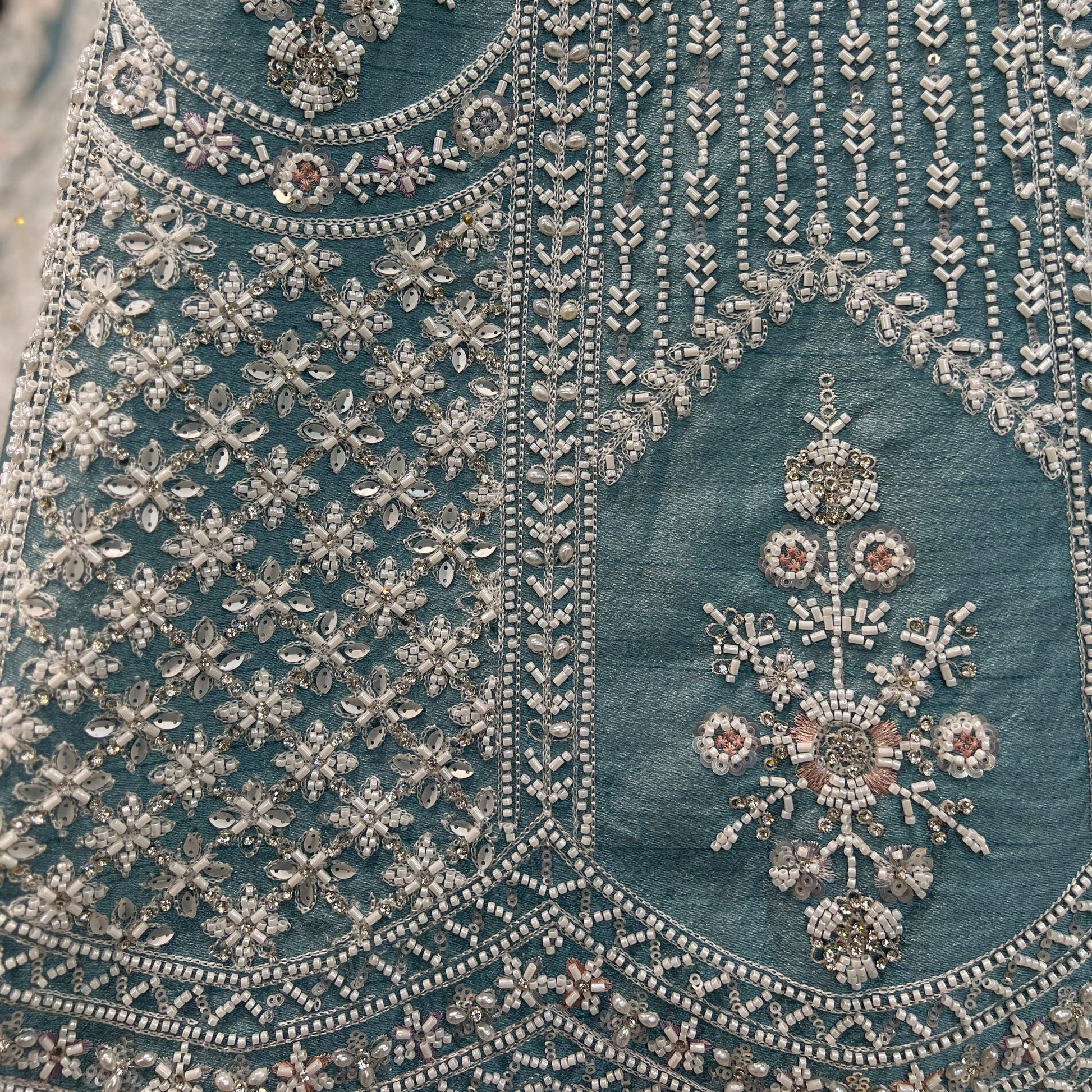 Damsel - Raw Silk Handwork Powder Blue Couture Lehenga