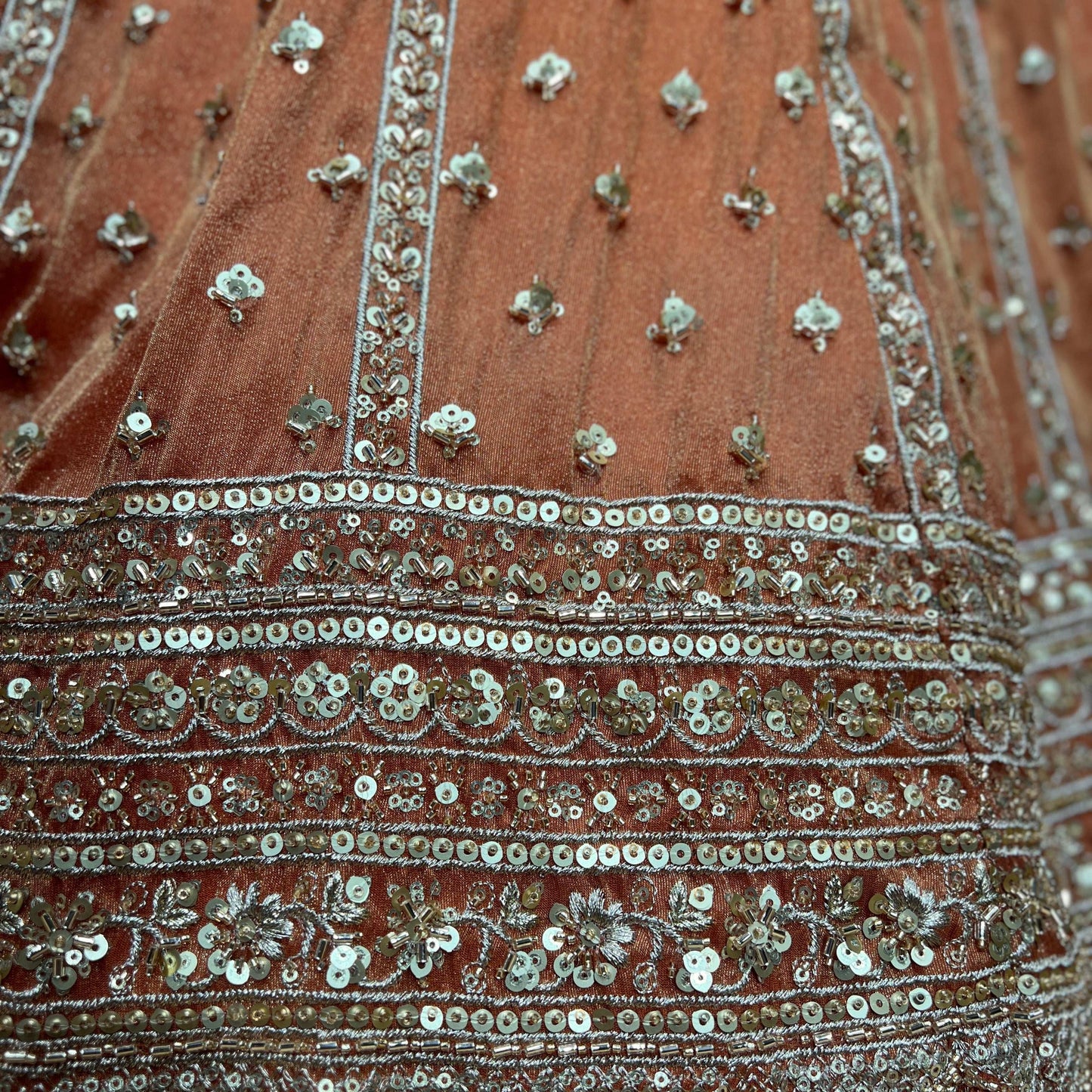 Damsel - Tissue Silk Handwork Rust Orange Couture Designer Lehenga