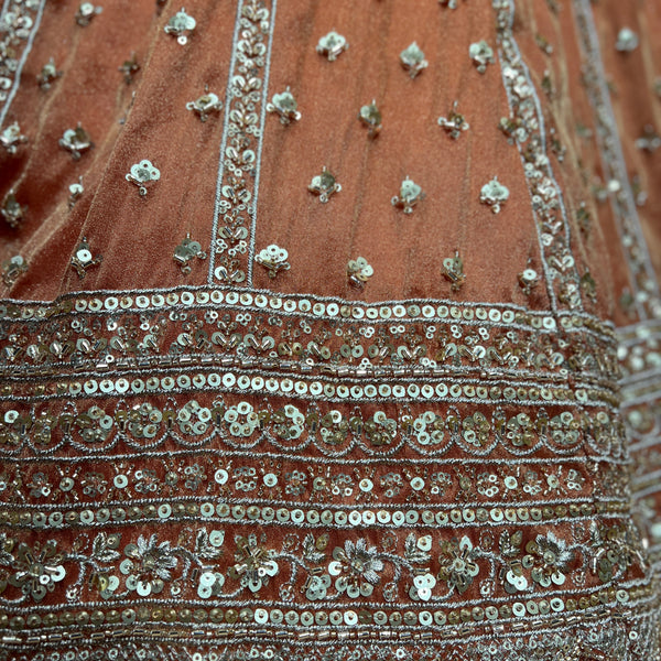 Damsel - Tissue Silk Handwork Rust Orange Couture Designer Lehenga