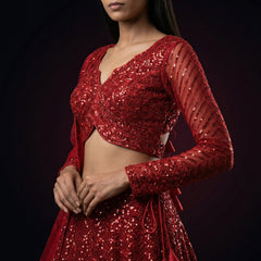 Red sequined lehenga with deep V blouse and sheer embroidered sleeves
