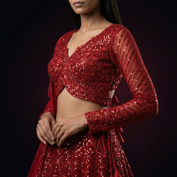 Red sequined lehenga with deep V blouse and sheer embroidered sleeves