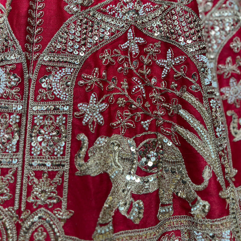 Sangria : Cutdana Pearls Handwork Royal Red Bridal Lehenga