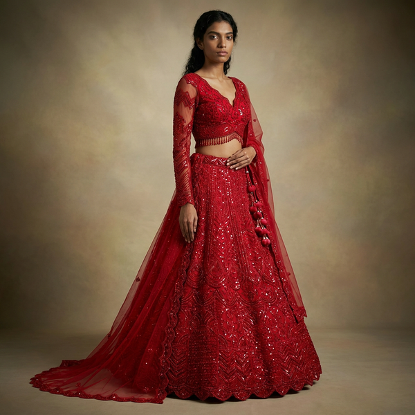 Jazzagals - Monotone Red Handwork Designer Wedding Wear Lehenga