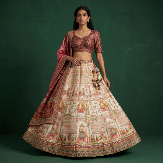 Printed maroon lehenga with flared cream skirt and matching dupatta, cropped blouse included